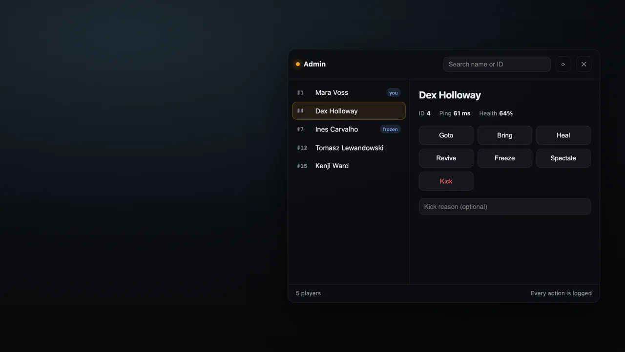 NUI of the example “Standalone admin menu”, rendered in the RPScripts AI preview