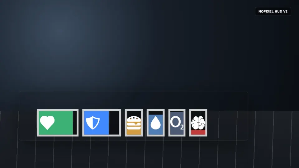 NoPixel HUD v2 status bar preview with health, armor, hunger, thirst, oxygen and stress indicators